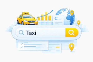 Ein Suchfeld mit dem Wort Taxi. Im Hintergrund verschiende Bilder mit Taxi-Bezug.