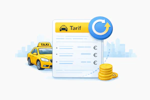 Ein Taxitarif-Datenblatt mit einem großen Update-Symbol.